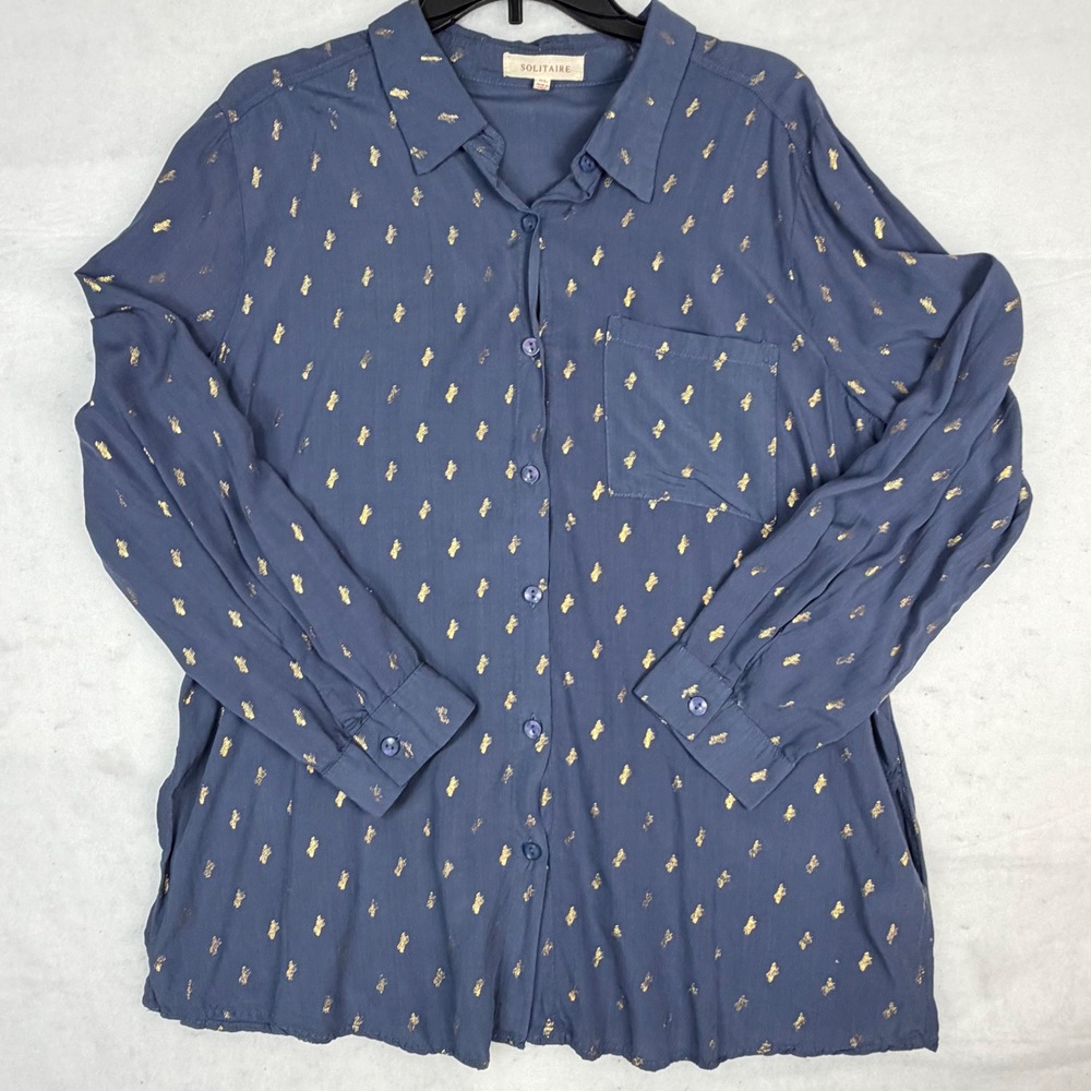 Solitaire Blue Gold Metallic Foil Button Down Shirt XL‎ Long Sleeve Rayon